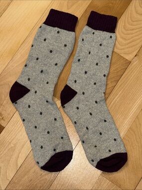 Women’s Gray Purple Polka Dot Crew Socks with Dark Wine Accents
